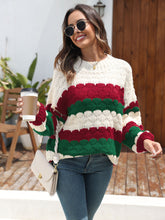 ZAFUL Women's Crewneck Long Sleeve Striped Color Block Loose Cable Knit Pullover Sweater